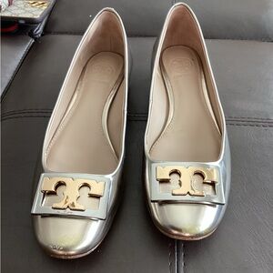 Tory Burch Silver Flats with Gold Logo